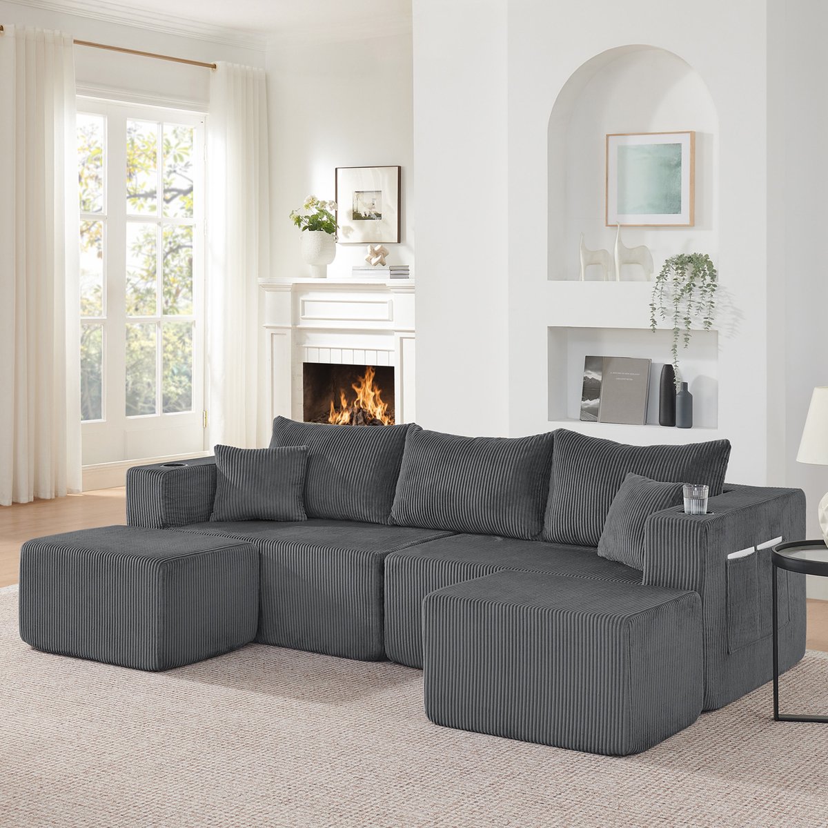 Modulaire Hoekbank Met Verplaatsbare Ottomanen, Zachte Cordstof, Bekerhouders, Zijvakken E