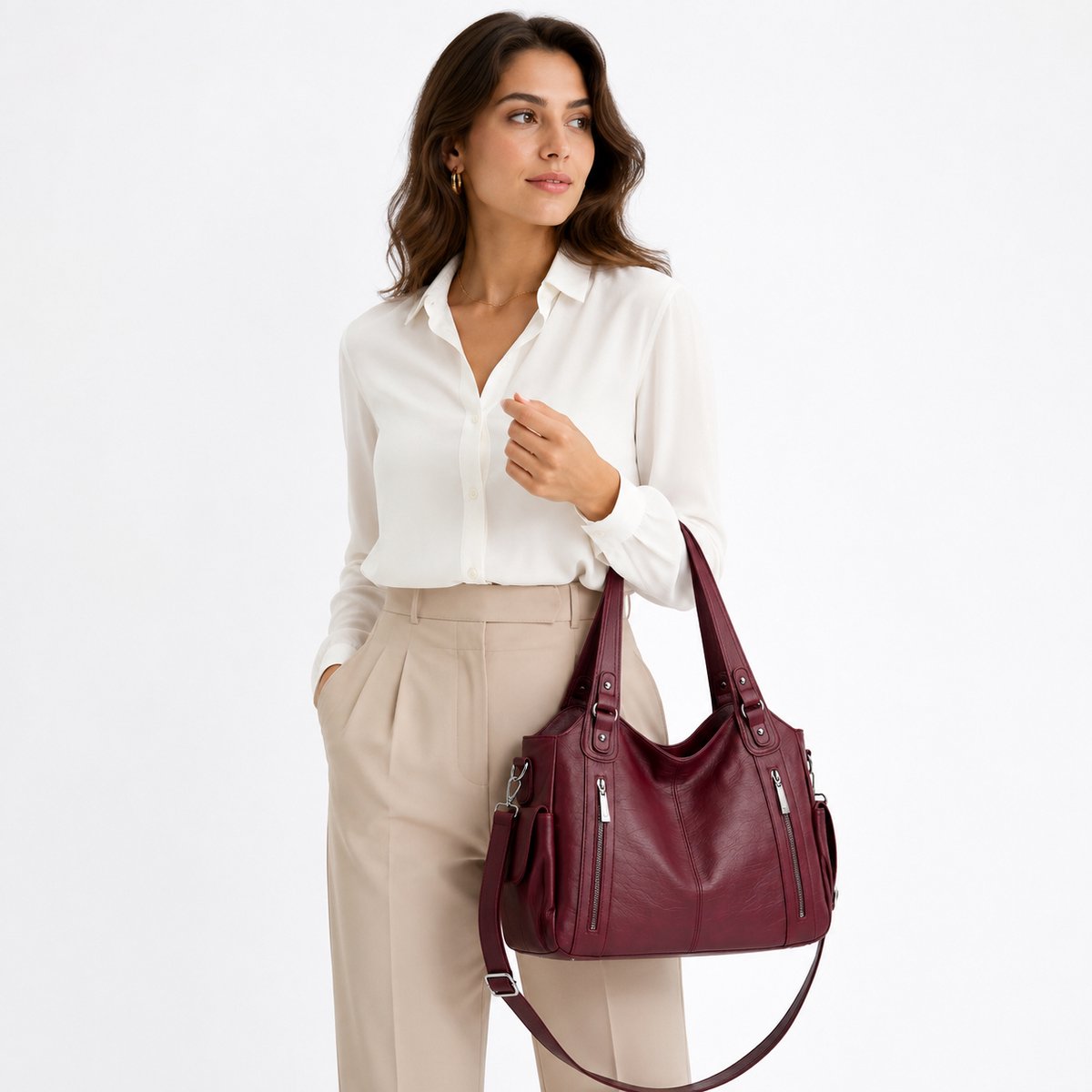 VHV - Handtas dames - Schoudertas dames - Shopper tas groot - Tote bag - PU-leer - Met rits - Vintage design - Voor werk en school - 45*25*15cm - Rood