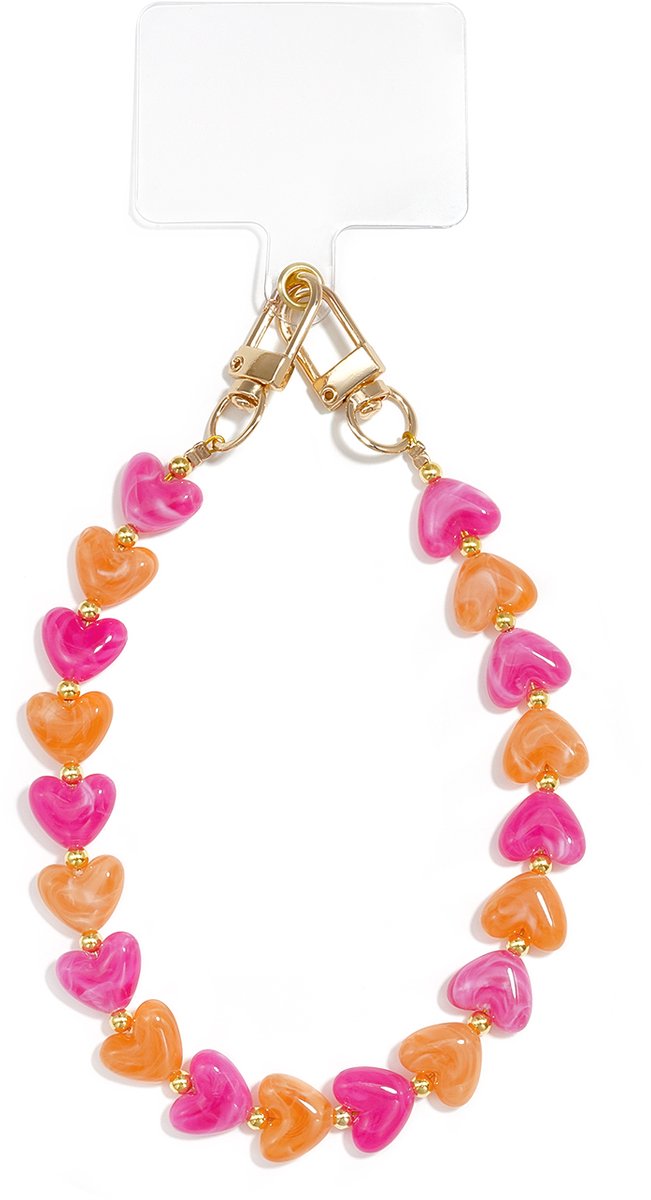 Trendy Telefoon Wristlet met Hartjes - Universele Handvathanger voor Telefoonhoesje - Kralen Telefoonkoord - Oranje