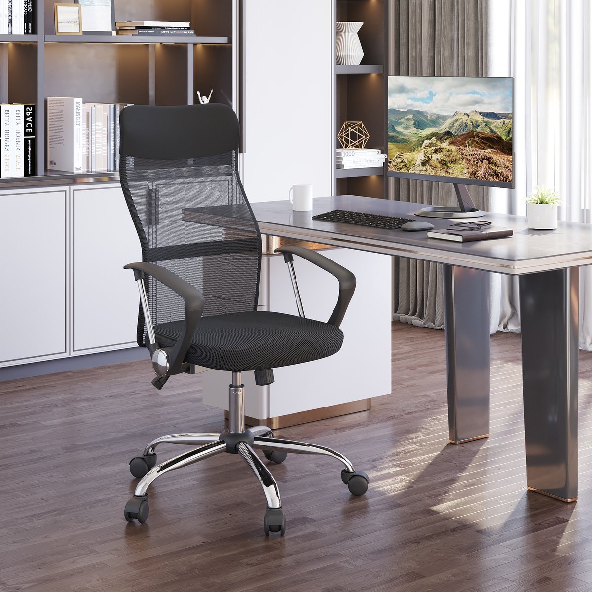 DESMIU Bureaustoel 63 x 65 x 109-119 cm - Ergonomisch Met Verstelbare Zithoogte En Wippfunctie - Voor Kantoor En Bureau - Mesh Zwart