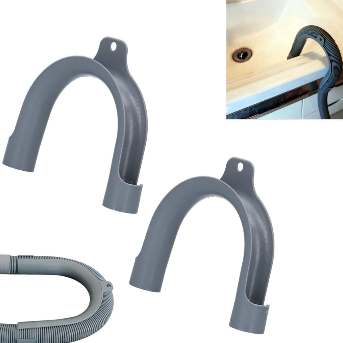 SnelShoppen - Pack van 2 PVC Afvoerslang Beugels voor Wasmachine en Vaatwasser, Robuuste U-vormige Drainagehouders, Flexibel en Duurzaam, Grijs