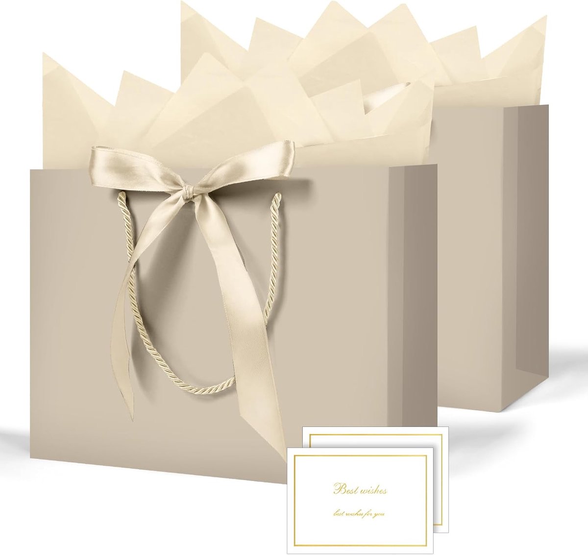 SnelShoppen - 2 Stuks Medium Champagne Gouden Cadeautas, Papieren Cadeautas met 4 Inpakvellen en 2 Kaarten, Cadeautassen met Handvatten voor Vrouwen,