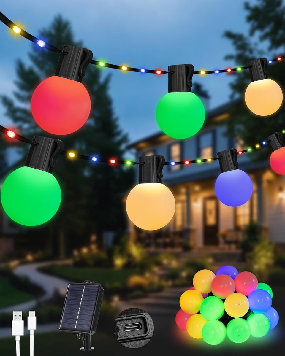 SnelShoppen - Solar Garden String Lights Outdoor 33Ft/10M 100LEDs Zonne-energie Fairy Lights met 20 Onbreekbare G40 lampen, 8 Modes Waterdichte USB/So