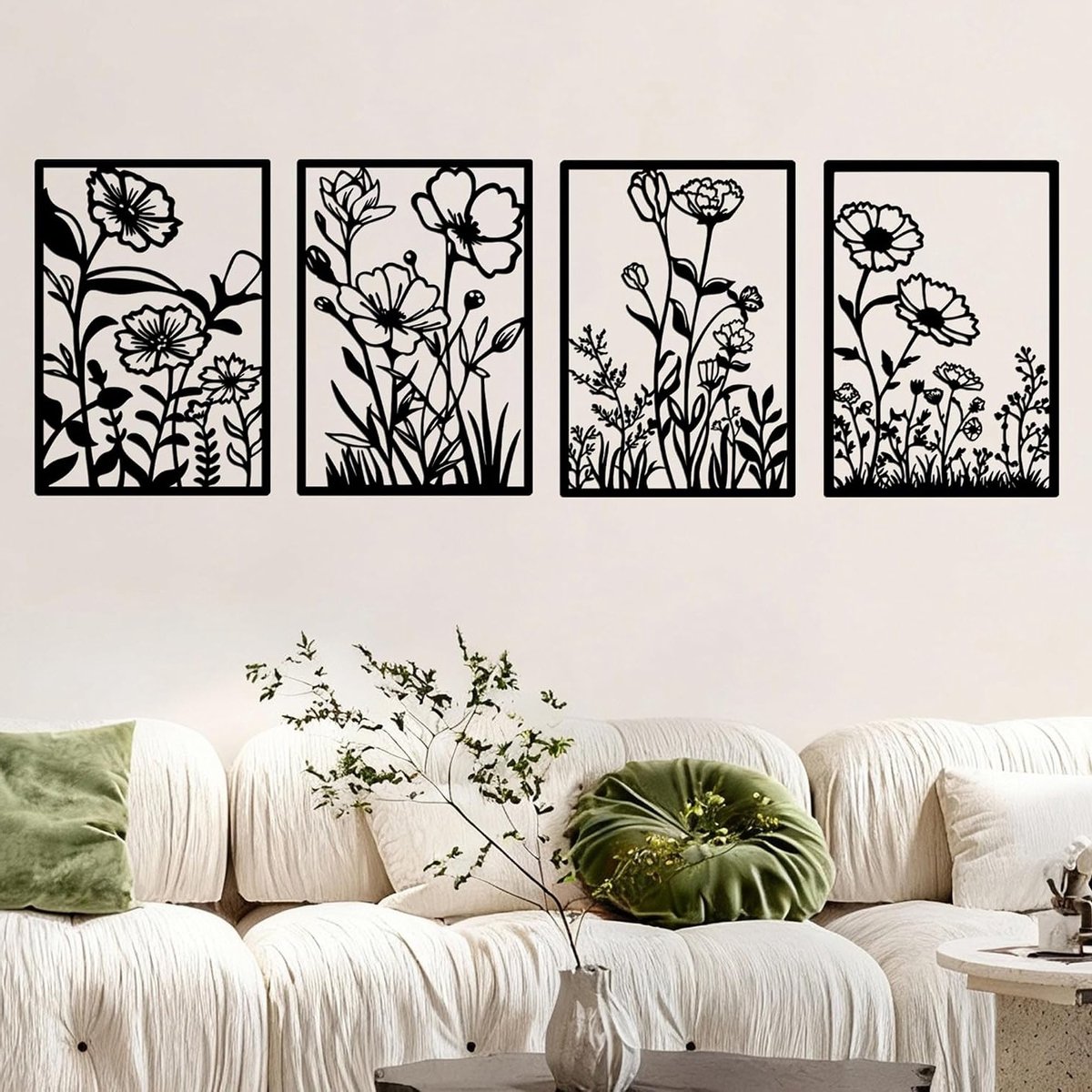 Zwarte metalen bloemen wanddecoratie - abstracte muurkunst voor minimalistisch interieur, 4 stuks, 15,7 x 11 inch, perfect voor slaapkamer en woonkamer