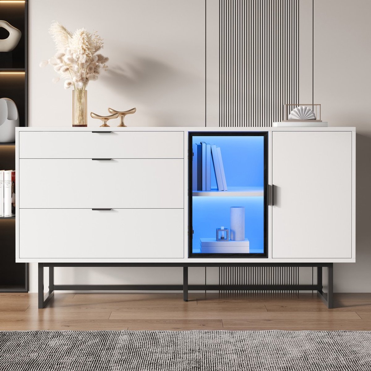Pugsdrly Wit dressoir, vitrinekast, opbergkast, moderne luxe eetkamerkast, drie lades, glazen deuren, met LED-verlichtingsstrip
