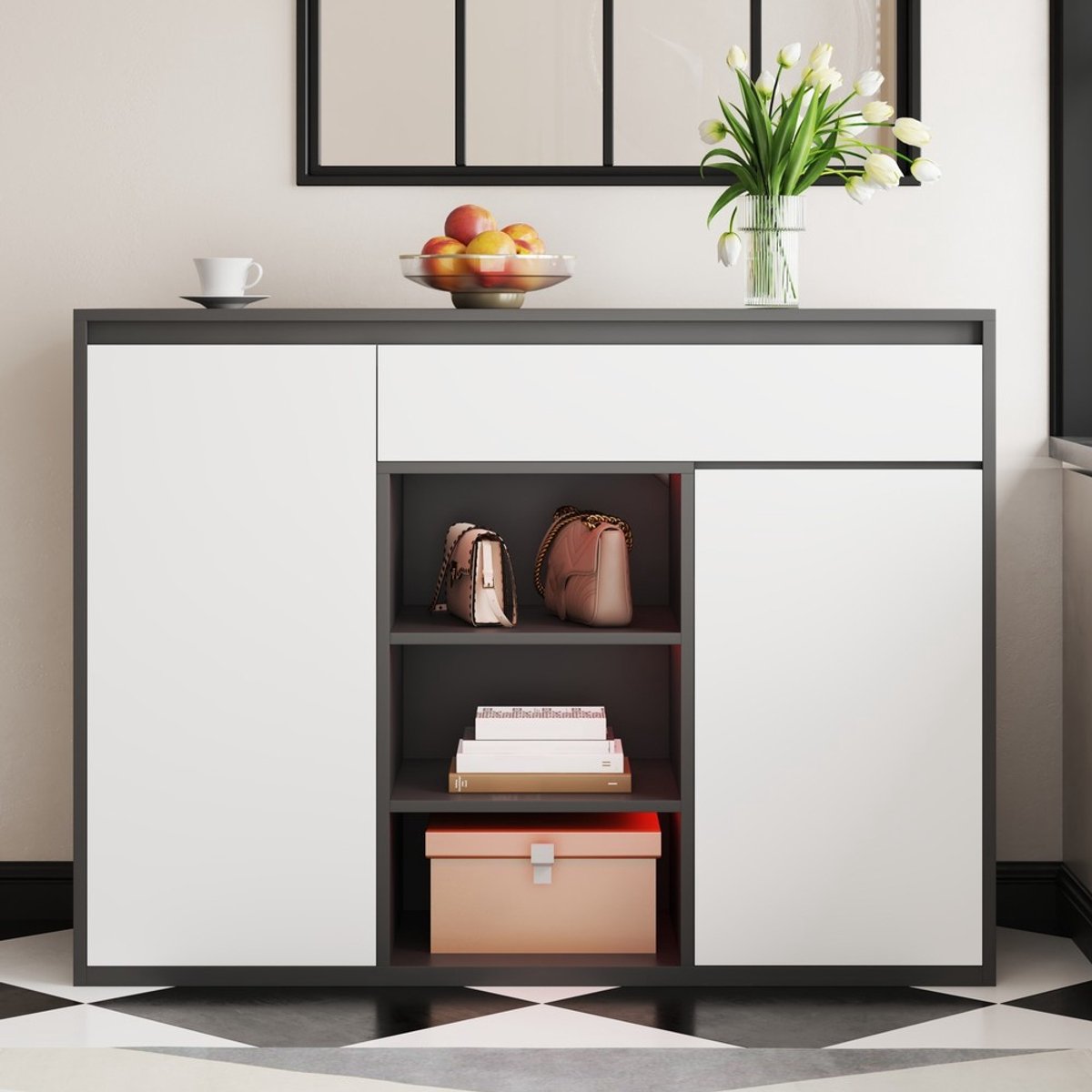 Pugsdrly Schoenenkast met twee deuren en een lade met verstelbaar schoenenrek, met LED, modern zwart-wit, hal. Biedt ruimte voor 12–17 paar schoenen