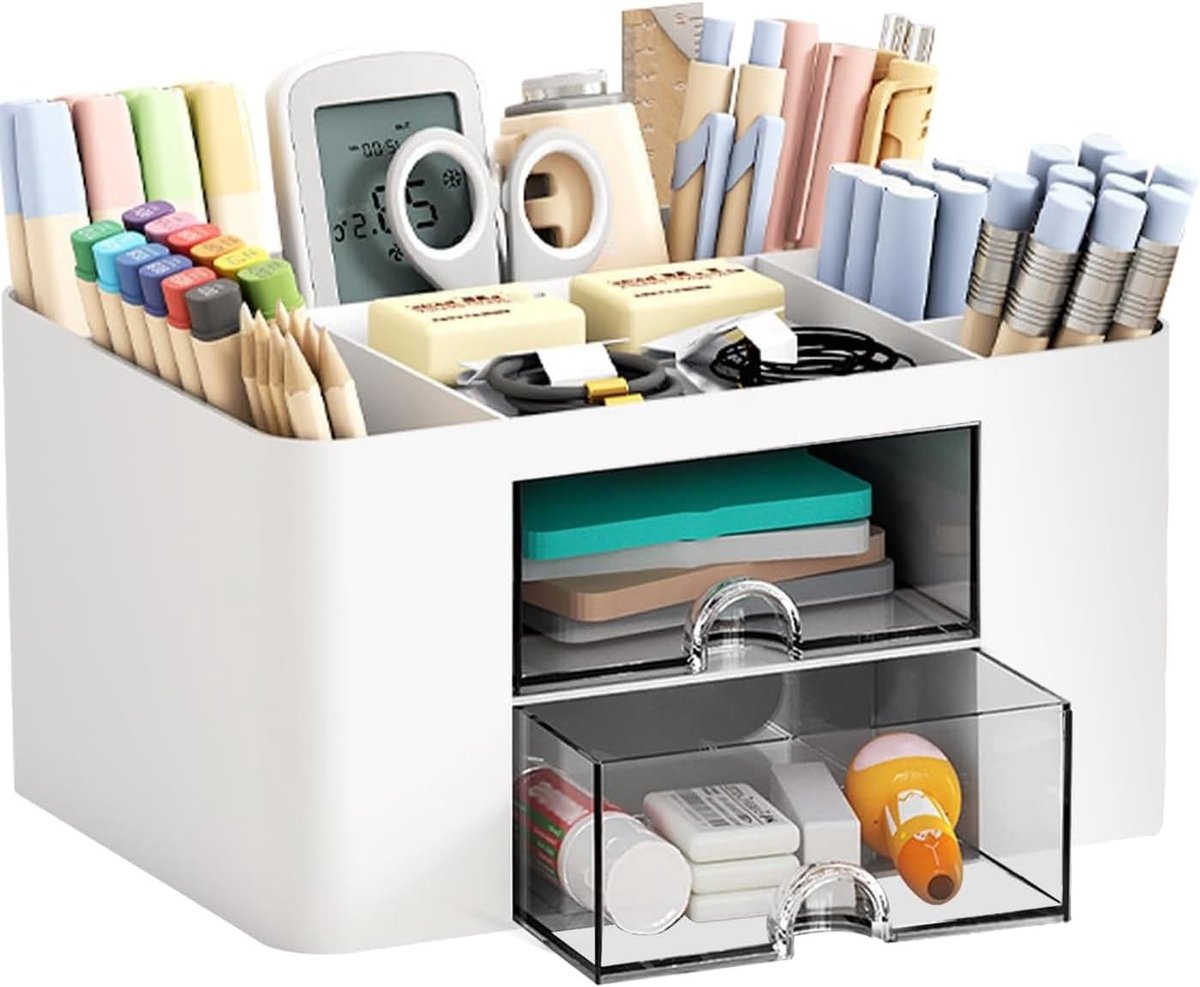 Multifunctionele bureau-organizer met 2 lades, 3 pennenhouders en notitieblokhouder, ideaal voor kantoor en thuis, 19.5x14x10cm