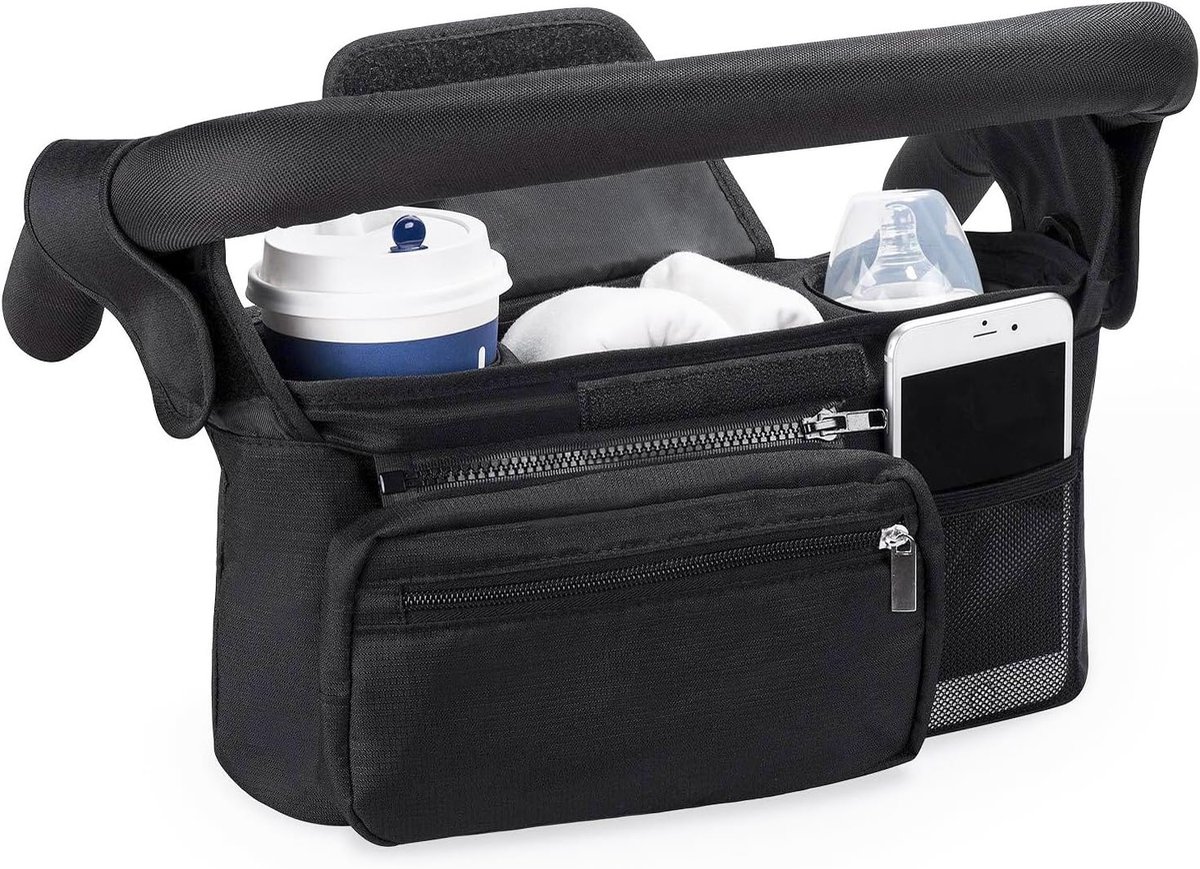 Handige Organiser Tas voor Kinderwagens met Rits, Schouderriem en Opbergruimte voor Luiers en Telefoons, Zwart