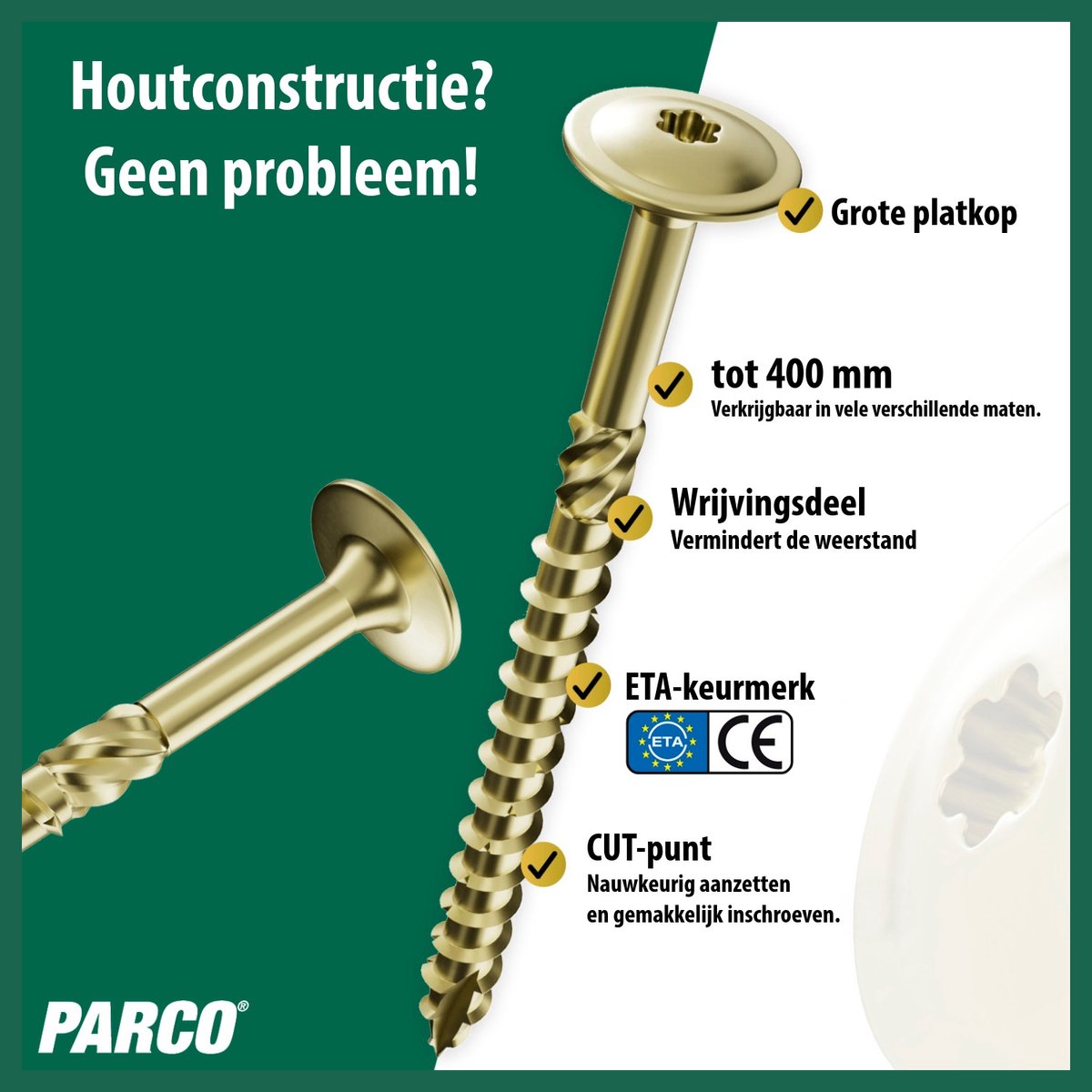 PARCO Tellerkopschroeven 8 x 300 mm Geel Verzinkt TX40 – Constructieschroeven met Platte Kop voor Houtbouw – 50 Stuks