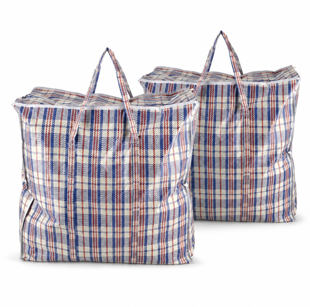 Opbergtas met Rits 90L – 2 Stuks Grote Opbergtassen voor Dekbedden, Kleding, Wasgoed en Verhuizen – Big Shopper XL – Boodschappentas met Rits – 60 x 60 x 25 cm – Blauw Wit Rood