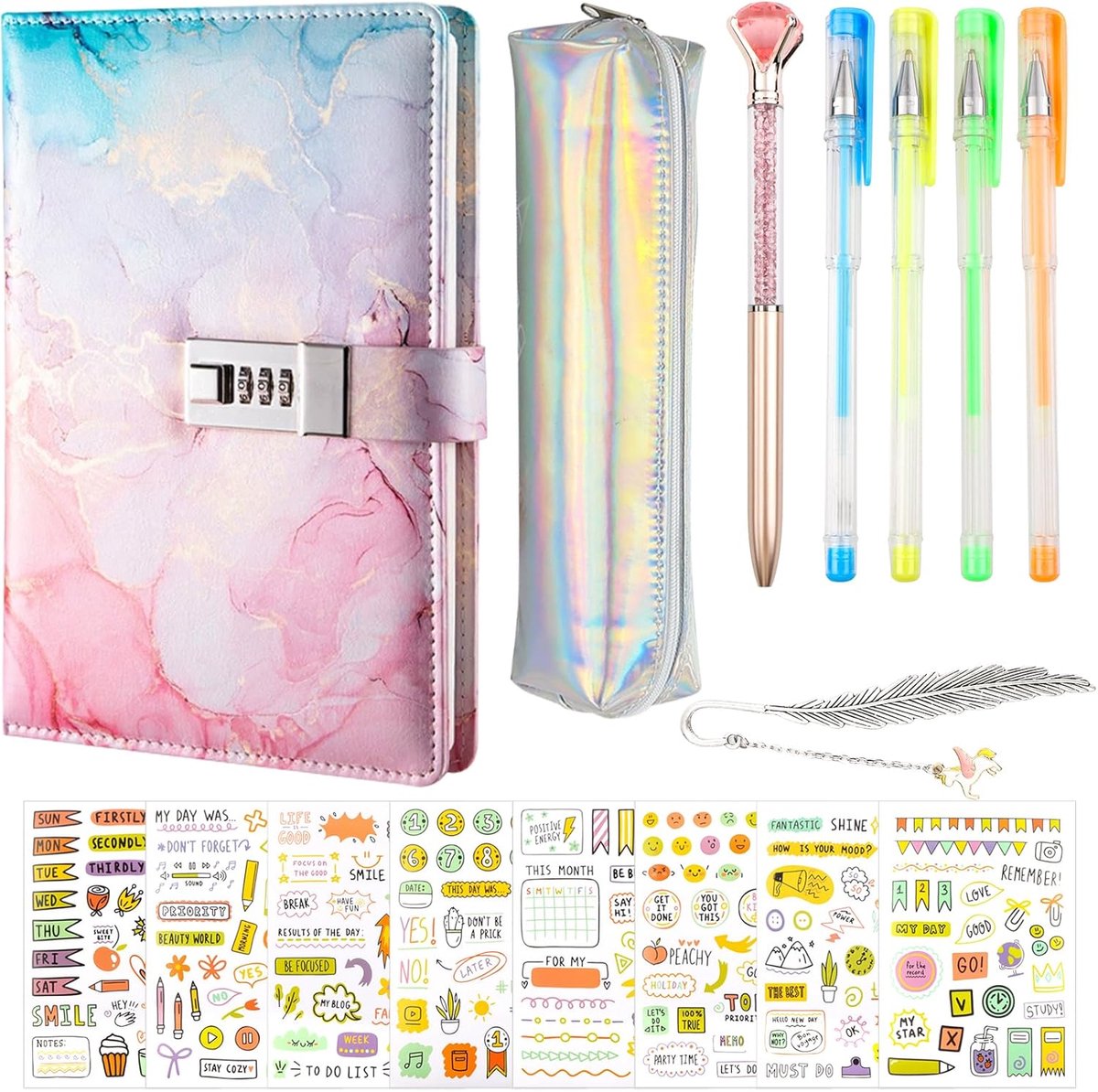 SnelShoppen - Secret Diary met Code A5 PU Leer Dagboek met Slot voor Meisjes 6-15 Jaar, Notitieboek met Wachtwoordslot en Pen Set, Creatieve Stationer