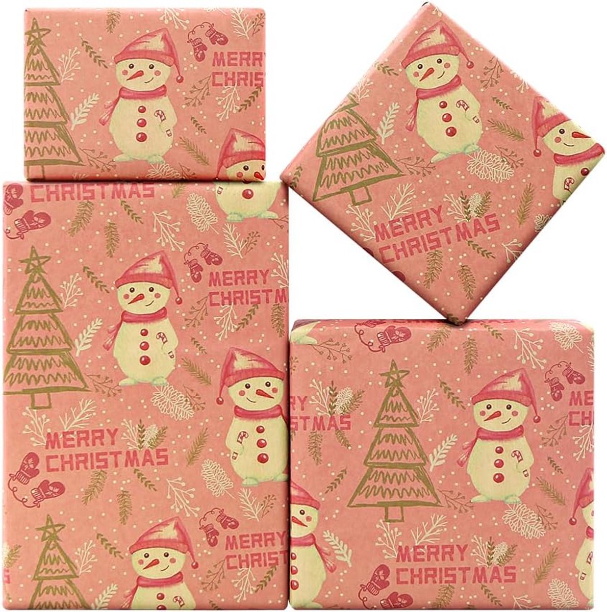 SnelShoppen - Happy Sweet Snowman in roze hoed en sjaal kerstpapier 50x70 cm - 4 vellen luxe inpakpapier voor kerst, wintervakantie, verjaardagen, fee