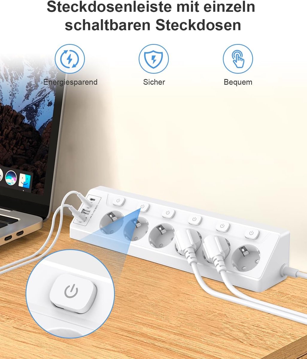 Thijox - Hoekstopcontactblok met 4 USB (2 USB-C) + 6 Aansluitingen, Individueel Schakelbaar, Stopcontact met Kinderbeveiliging, 3680W, 2m Verlengsnoer