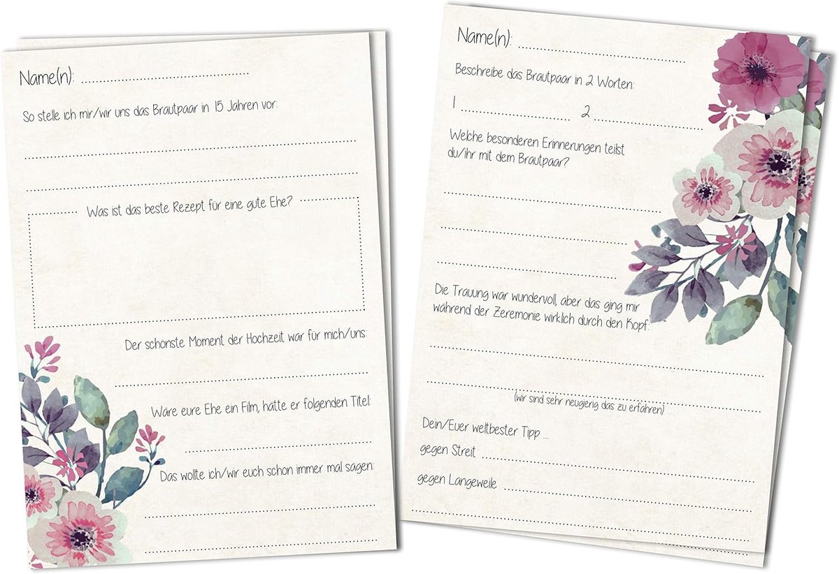 SnelShoppen - 60 Vintage Floral Guestbook Cards DIN A5 & A6 - Hoogwaardige Natuurlijke Papier, Originele Vragen, Perfect voor Bruiloften, Feesten en H