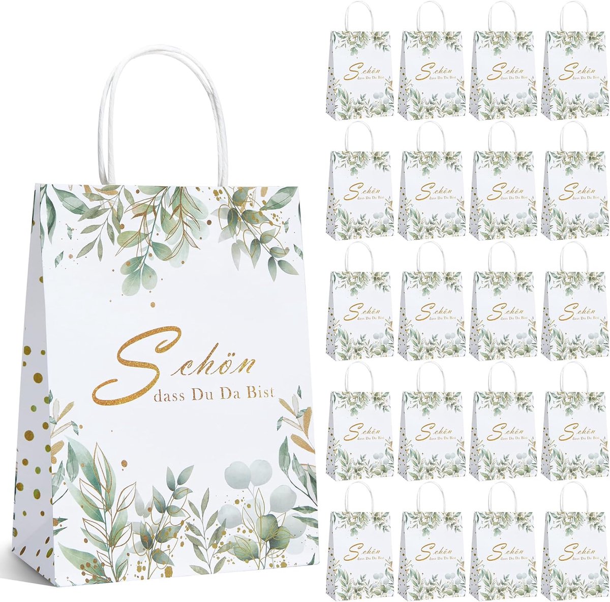 SnelShoppen - 20 stuks cadeautasjes met handvat, 21x15x8 cm, witte papieren zakjes met eucalyptus design, ideale geschenktasjes voor verjaardagen, bru