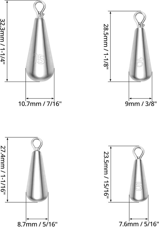 SnelShoppen - 25 Stuks Vistuigen Gewichten - 4 Maten (5g, 7g, 10g, 15g) - Hoge Dichtheid Electrolyte Lood - Perfect voor Sportvissen — afbeelding 4