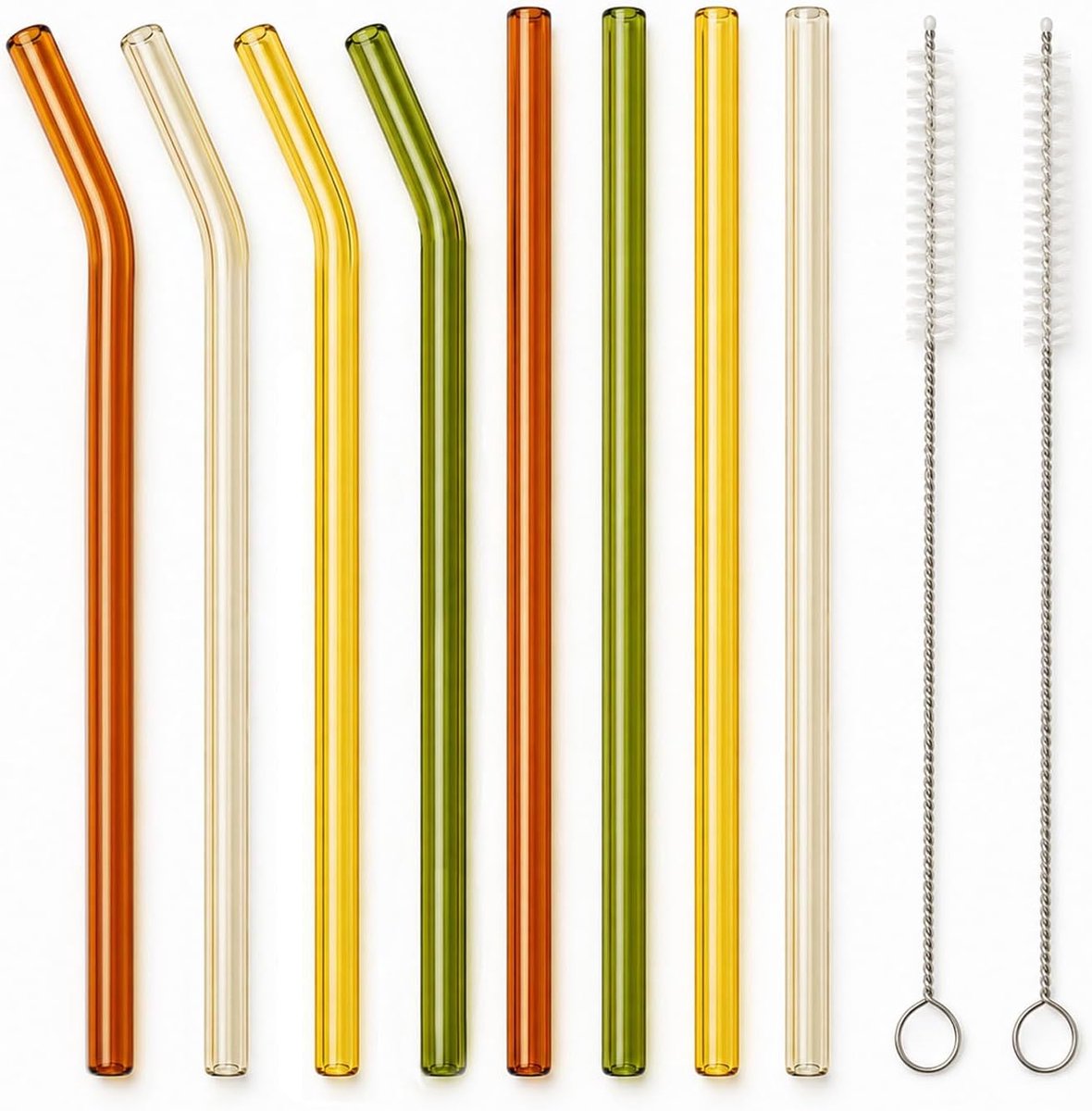 SnelShoppen - 10 Delen Herbruikbare Glazen Rietjes Set - Kleurige Drinkrietjes van Hoogwaardige Glas - 20 cm met 2 Schoonmaakborstels - Perfect voor T