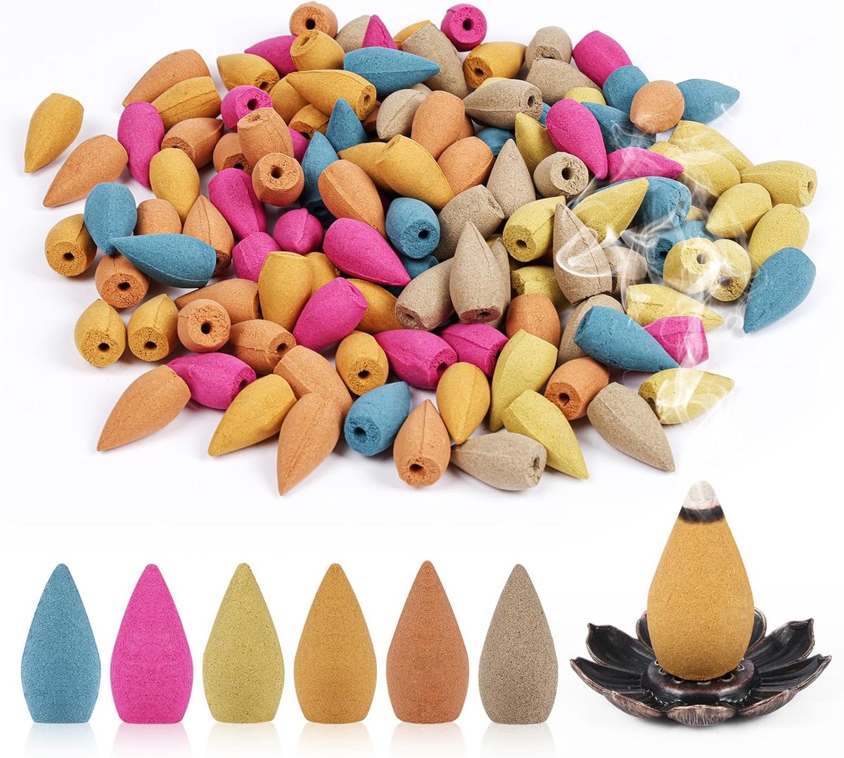 SnelShoppen - Backflow Wierook Cones 120 Stuks - 6 Natuurlijke Geuren zoals Roos, Jasmijn en Sandelhout - Inclusief Wierookhouder voor Meditatie, Yoga