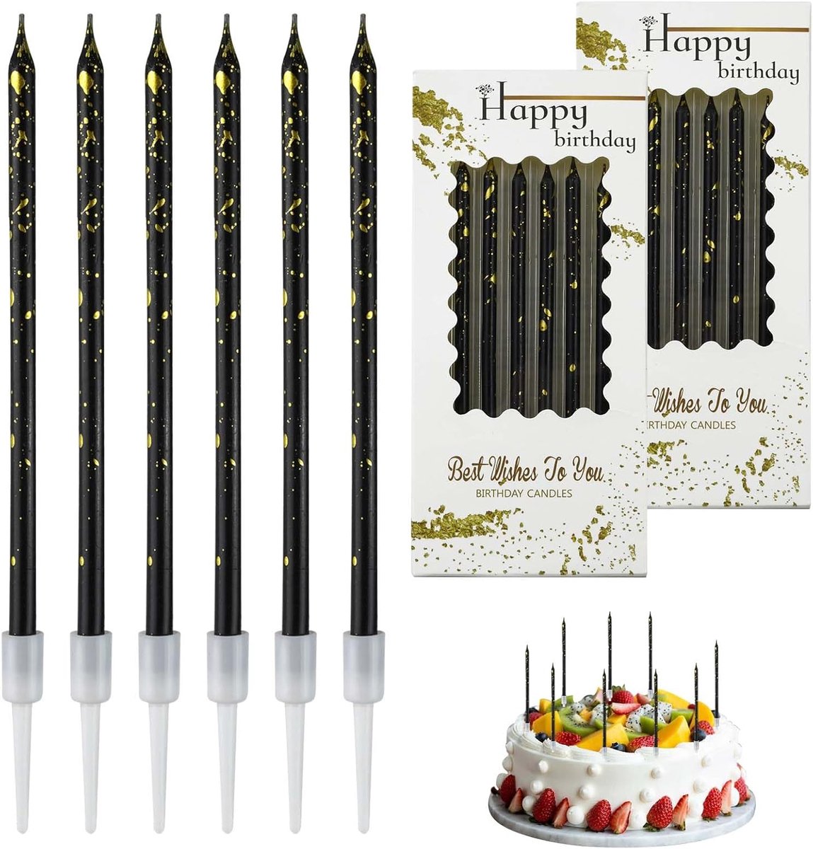 Verjaardagskaarsen Set - Taart Decoratie - Feestelijke Vieringen - Geurloos Niet Giftig - 12 stuks - Zwart Goud