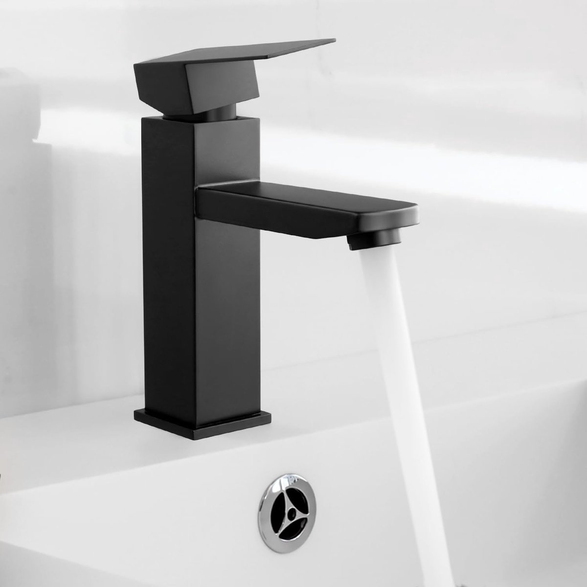 SnelShoppen - Zwarte Badkamerkraan, Rvs Vierkante Mengkraan met 2 Slangen, Hot Cold Mixer Tap voor Keuken, Badkamer en Tuin, Duurzaam en Krasbestendig