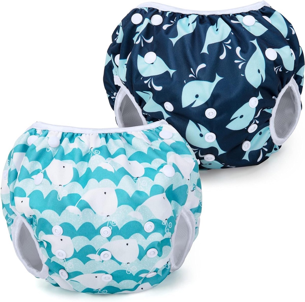 Herbruikbare zwemluiers (Set van 2), verstelbare badluiers, wasbare luiercovers voor babyjongens en meisjes, perfect voor zwemlessen en vakanties, walvisontwerp