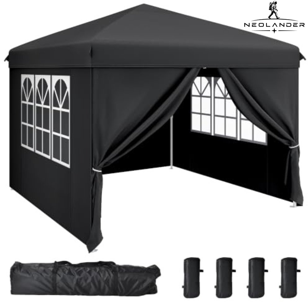 NeoLander Pop-up Partytent 3 x 3 m Zwart – Opvouwbare Waterproof Partytent met 4 Zijwanden – UV50+ Tuintent – In Hoogte Verstelbaar 250-270 cm – Inclusief Draagtas – Ideaal voor Tuin, Camping, Markt en Feesten