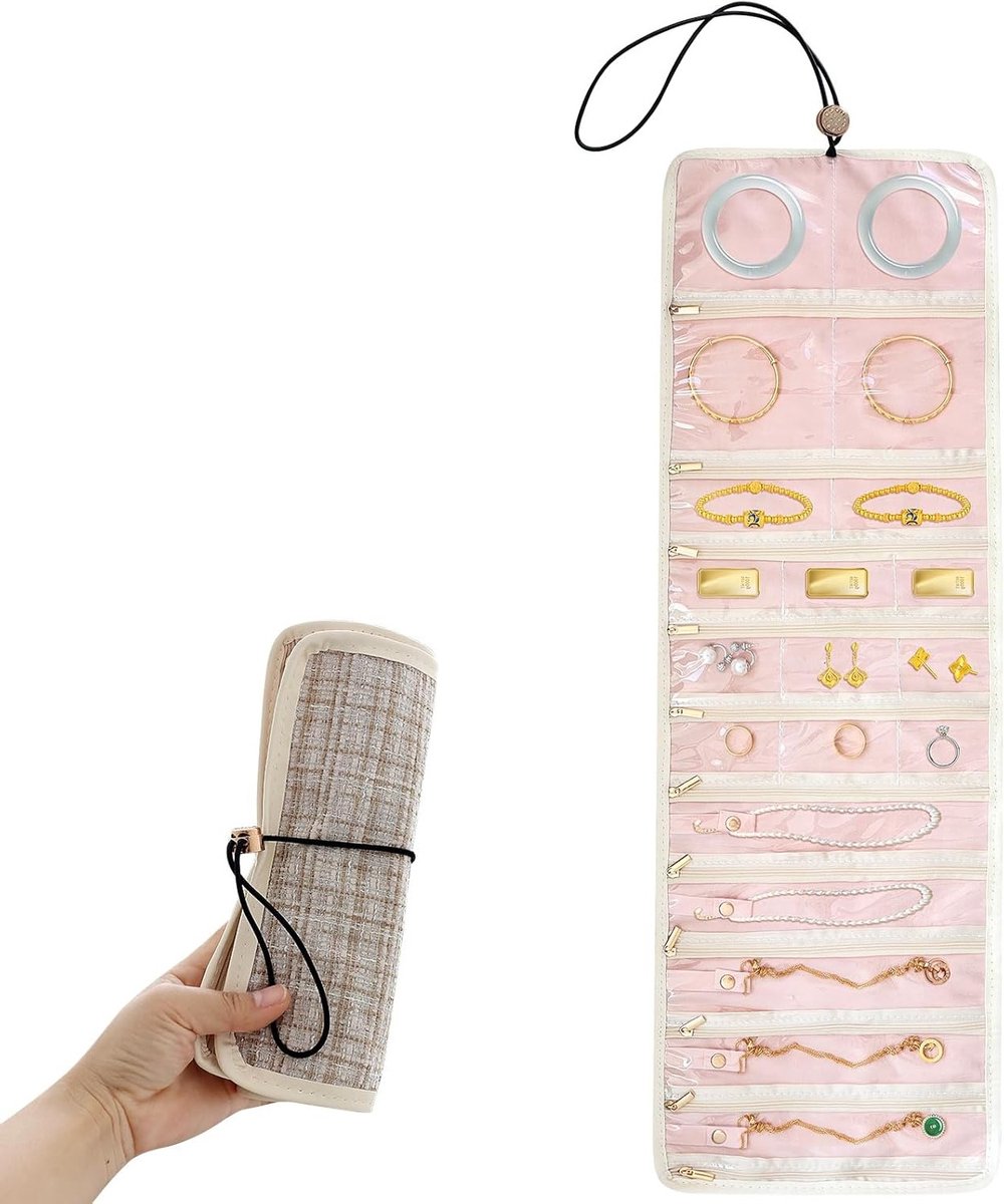 Reisopbergzak voor Sieraden - Vouwbare Organizer voor Kettingen, Oorbellen en Ringen - Grote Maat, Duurzaam Stof en Transparant PVC, Antiklit Sieradenopslag voor Vrouwen, Beige