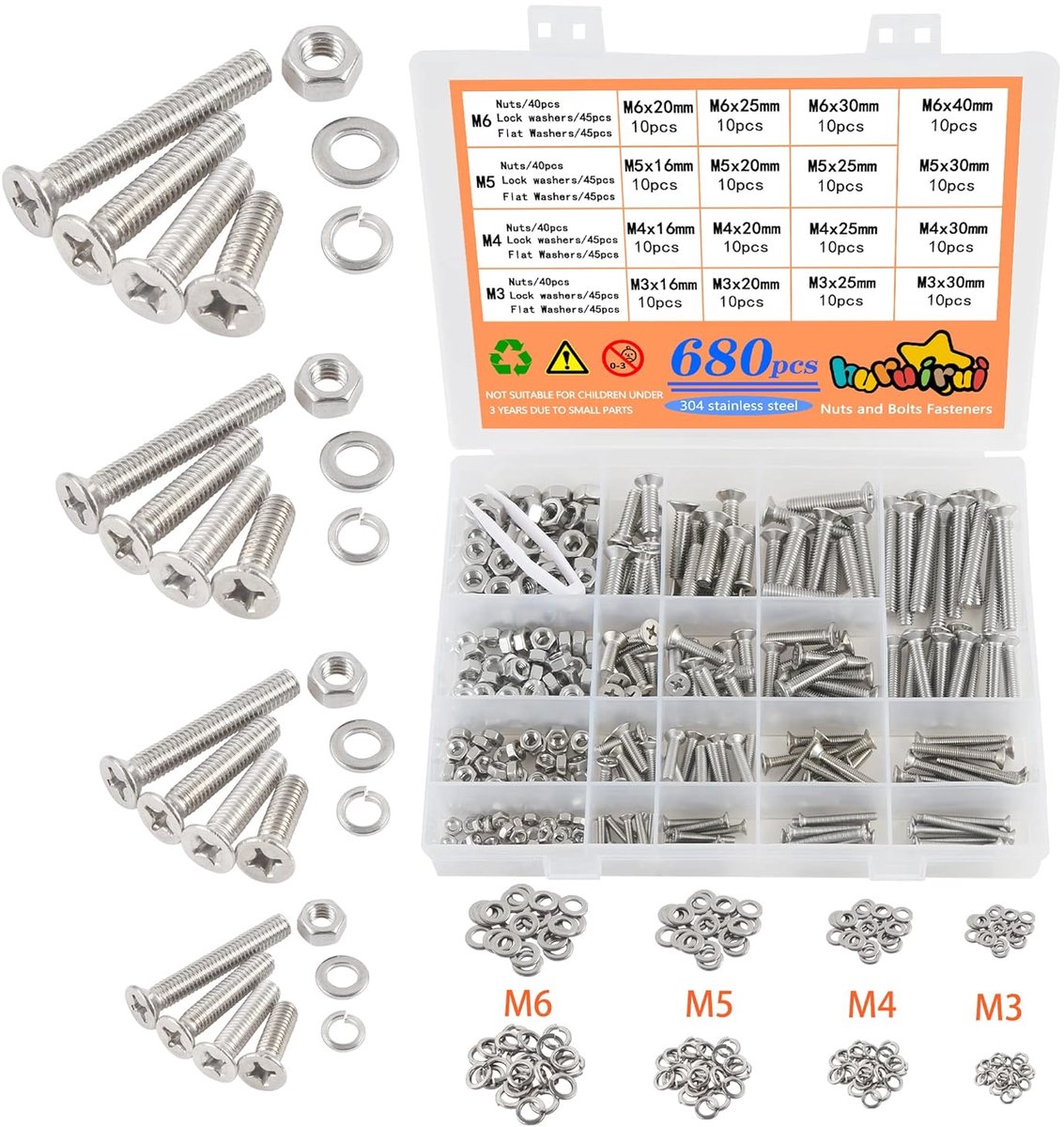 SnelShoppen - 680pcs M3 M4 M5 M6 RVS Schroeven en Moeren Set met Ringen - Assortiment voor Klussen, Reparaties en Bouwprojecten