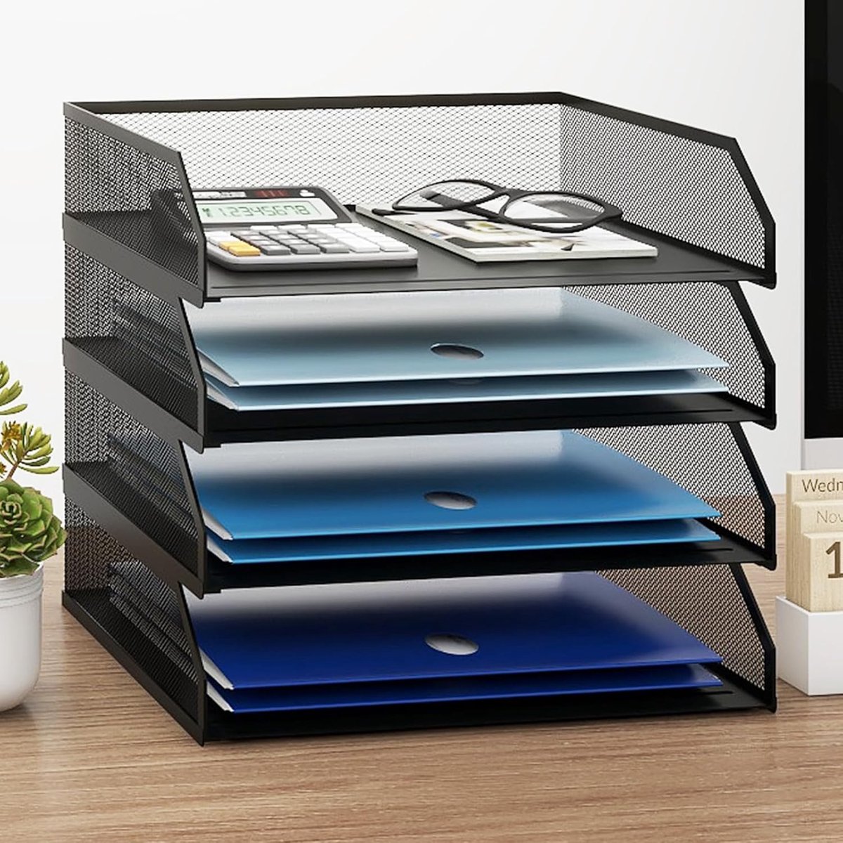 SnelShoppen - Documenthouder A4 - Stapelbare Metalen Briefbak - 4 Stuks - Zwart - Documentopslag, Bureau Organizer voor Kantoor, School en Studie