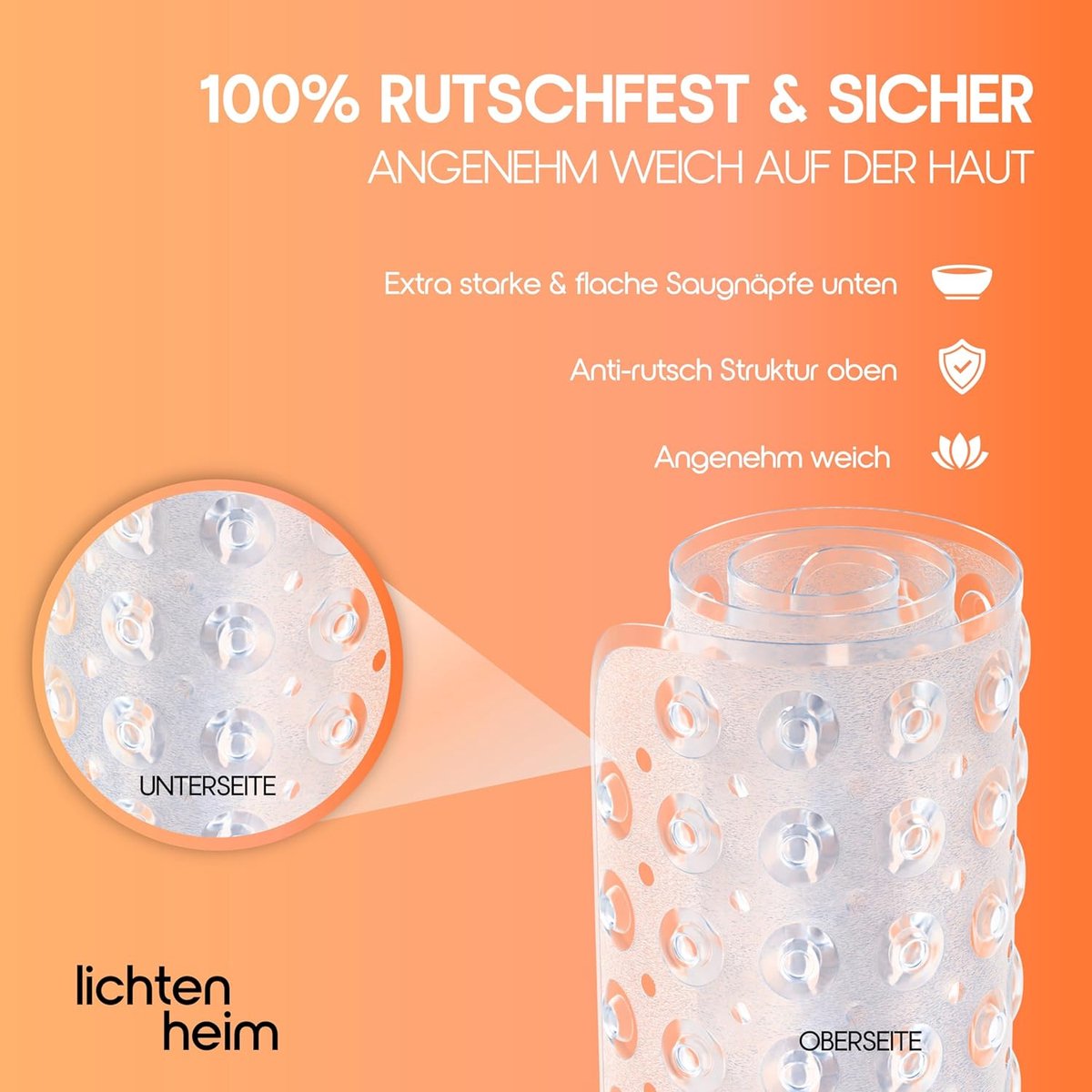 SnelShoppen - Douchematt, Antislip, 53 x 53 cm, Inclusief 2 Haakjes, Badmat, BPA-vrij, Schimmelbestendig en Wasbaar, Transparant