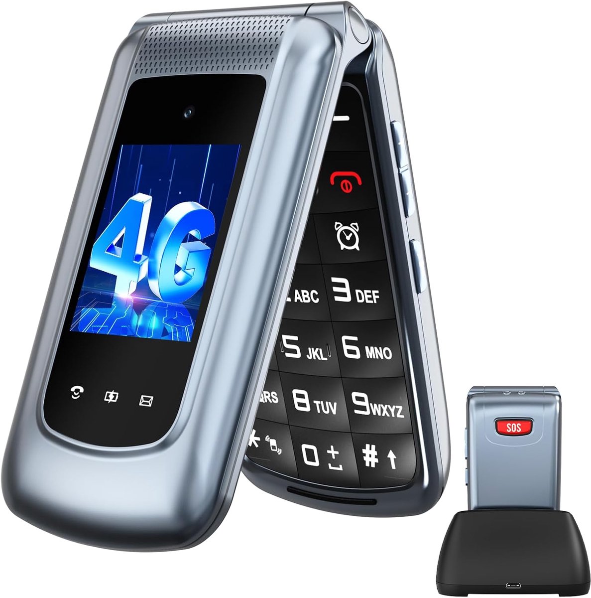 4G Senioren Klaptelefoon met Grote Toetsen - Zonder Abonnement - Dual SIM - Spraakmelding - Laadstation - 2.4'' + 1.77'' Dual Display