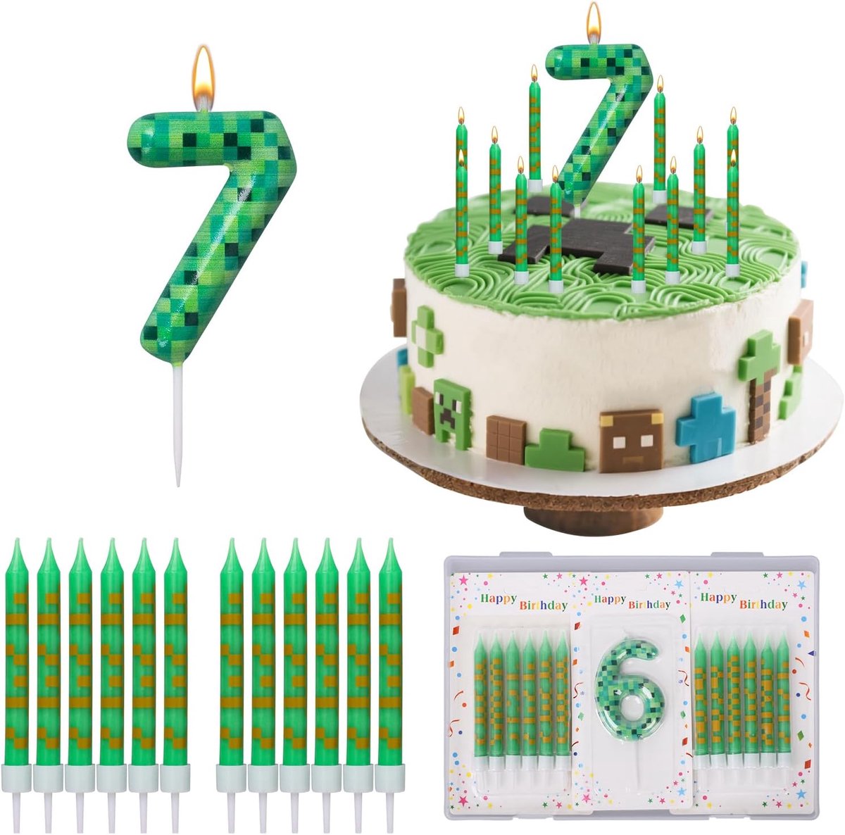 SnelShoppen - Pixel Candle Cake Decorations 13Pcs Verjaardagscandles Nummer 7 Cake Topper Groene Pixelcakeversiering voor Jongens Meisjes Thema Feestd