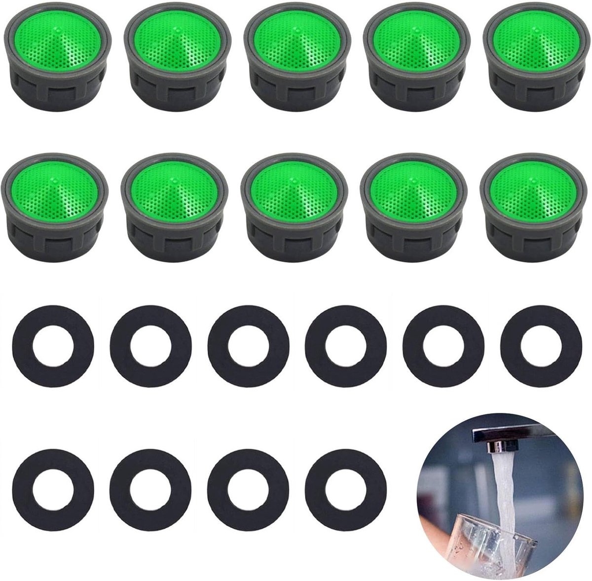 SnelShoppen - 10x Waterbesparende Kraan Aerator Set met Strainer en ABS Nozzle - Spaaronderdelen voor Keuken en Badkamer - Groene Bescherming tegen Sp