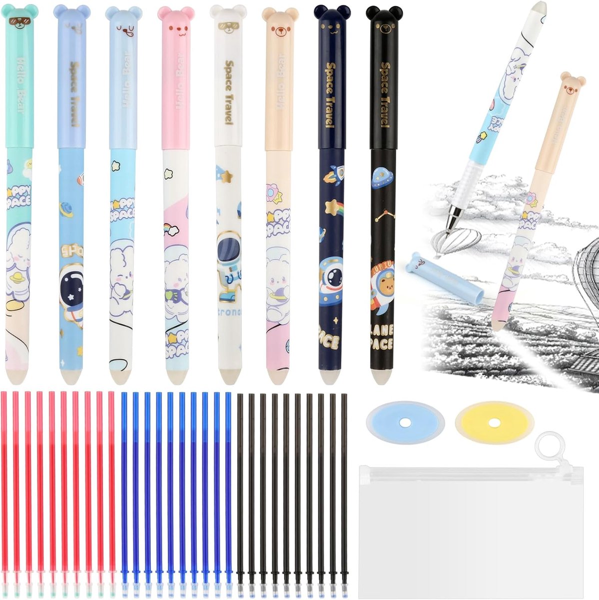 SnelShoppen - Erasable Gel Pen Set - 8 Stuks 0.5 mm, 30 Vervangingsnavullingen, 2 Gumtips - Perfect voor Kinderen & Volwassenen, Tekenen & Schetsen