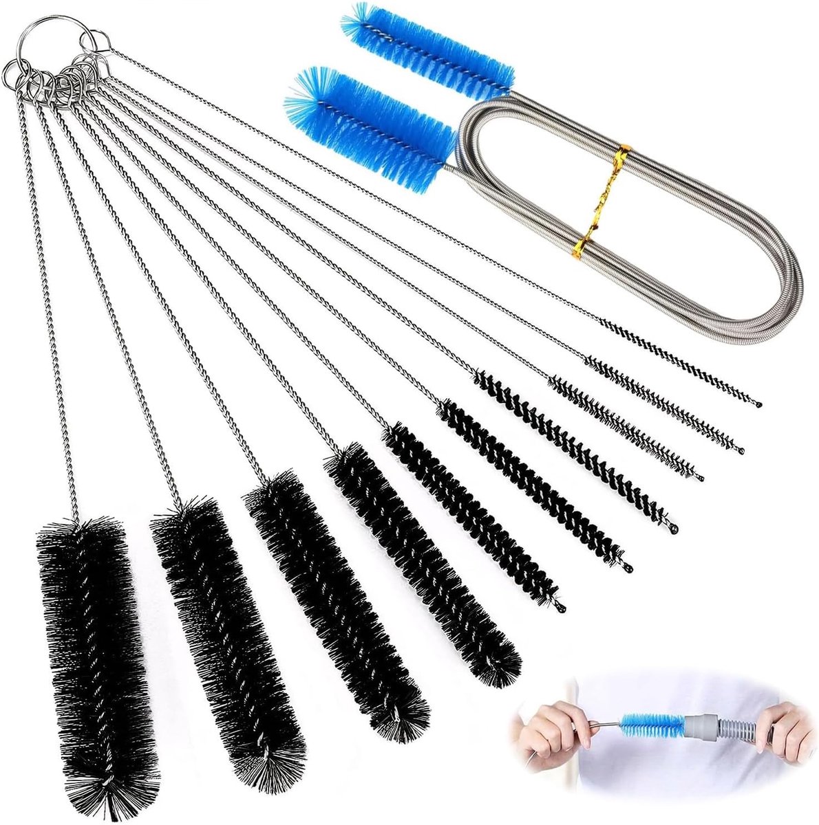 SnelShoppen - 11Pcs Mini Bottle Brush Set - Flexibele Schoonmaakborstels voor Flessen, Aquarium & Slangen - 180cm Tube Borstel + 10 Diverse Maten - Id