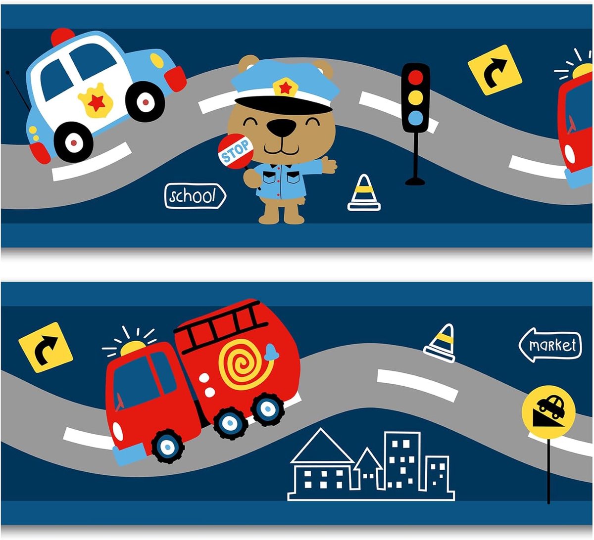 SnelShoppen - Zelfklevende Muursticker Kinderen 15cm x 200cm - Wandborder Brandweer Politie - Makkelijk Te Installeren - Decoratie Jongens Meisjes Kin