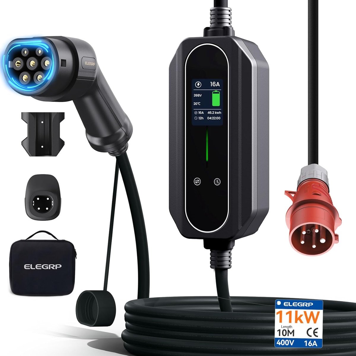 SnelShoppen - 11 kW Mobiele Wallbox Type 2 Oplader voor Elektrische Voertuigen, 3-fase, Instelbaar van 6 tot 16 A, 10 m Kabel, IP67 Waterdicht, Voor T