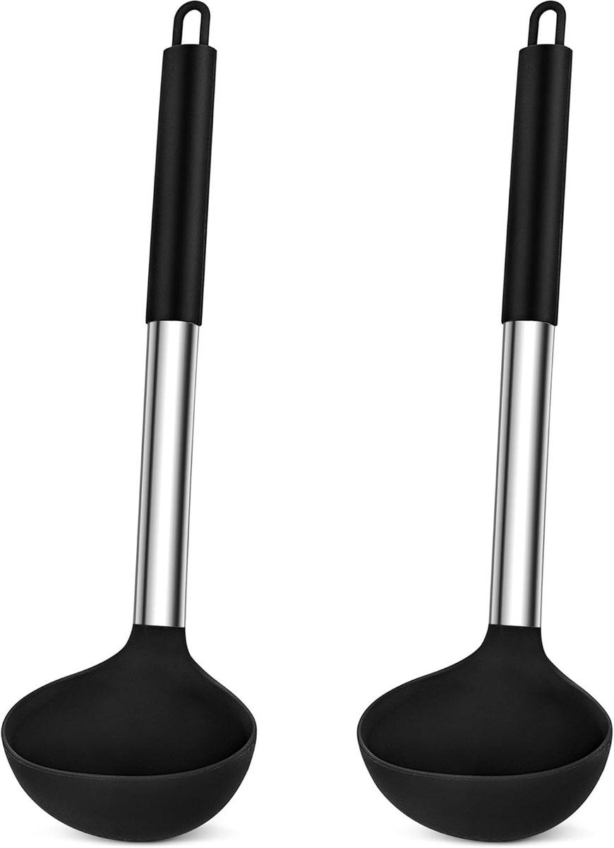 SnelShoppen - Soeplepel Set van 2 - Zwarte RVS Lepels voor Keuken - Perfect voor Soep, Stoofpot en Sauzen - Duurzaam en Makkelijk Schoon te Maken