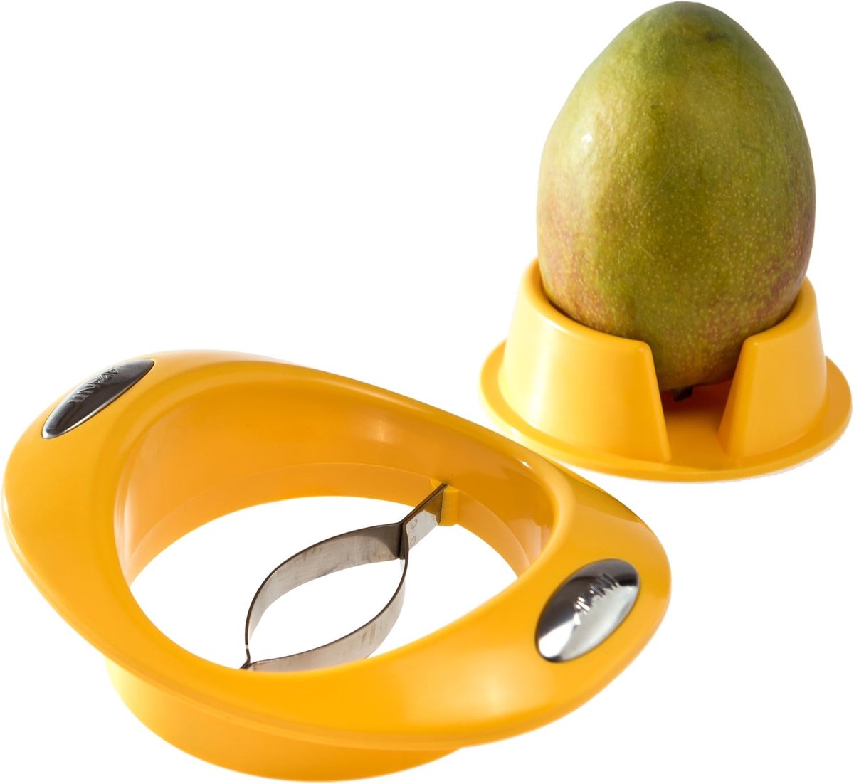SnelShoppen - Mango Cutter met RVS Snijblad en Fruit Houder - Ideaal voor Exotische Vruchten - Vaatwasserbestendig - Geel - 17x14x5 cm