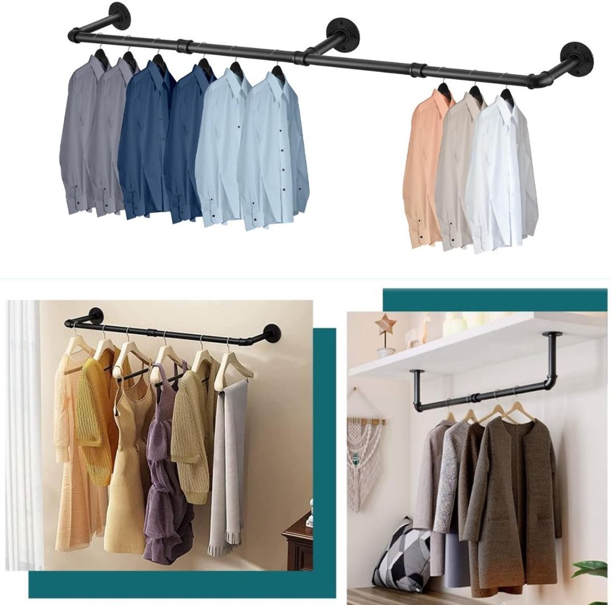 Kledingstangen voor aan de Muur - Kledingrek - Kledingroede - Zwart