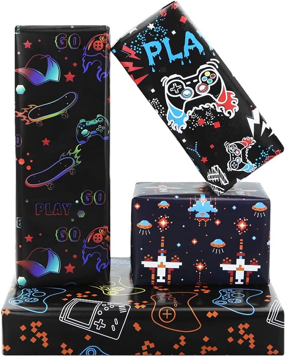 SnelShoppen - Game Inpakpapier voor Jongens Kinderen Familie Vrienden 4 Design 4 Vellen 50 x 70 cm Perfect voor Verjaardag en Feestdagen