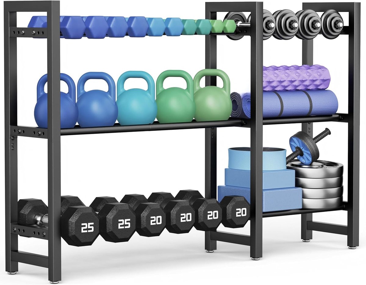 SnelShoppen - Verstelbare Drie-Laags Dumbbell Stand 50 Inch, Geschikt voor Dumbbells, Kettlebells en Gewichten, Robuust Staal, 250 kg Capaciteit