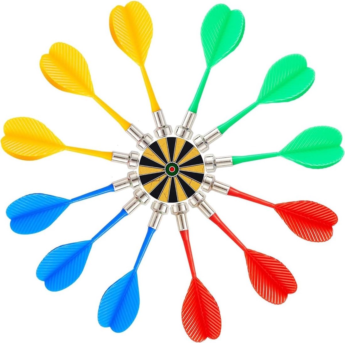 SnelShoppen - Pack van 12 Magnetische Veiligheid Dart Flights - Indoor Spelaccessoires - 4 Kleuren (Blauw, Groen, Rood, Geel) - Perfect voor Feesten e