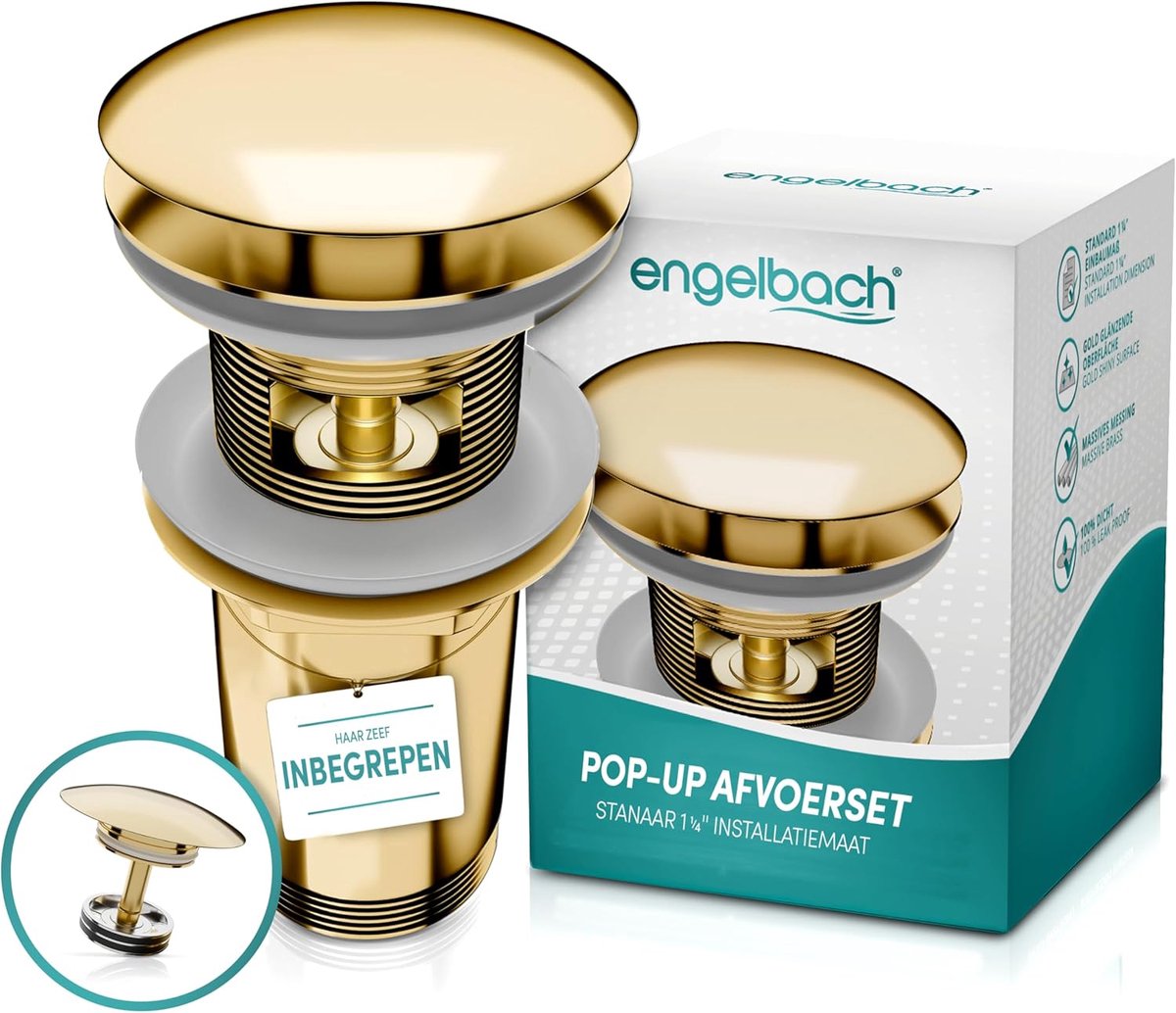 SnelShoppen - Pop-up afvoerplug met overloop - Universele afvoer voor wastafels - 1 1/4" maat - Messing met gouden afwerking - Inclusief 4 afdichtinge