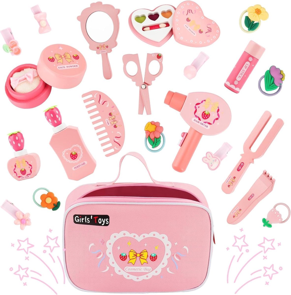 SnelShoppen - Houten Make-up Speelset Meisjes - Kinder Make-up Speelgoed met Spiegel, Lippenstift, Haardroger, Parfum, Haarclips, Nagellak en Meer - R