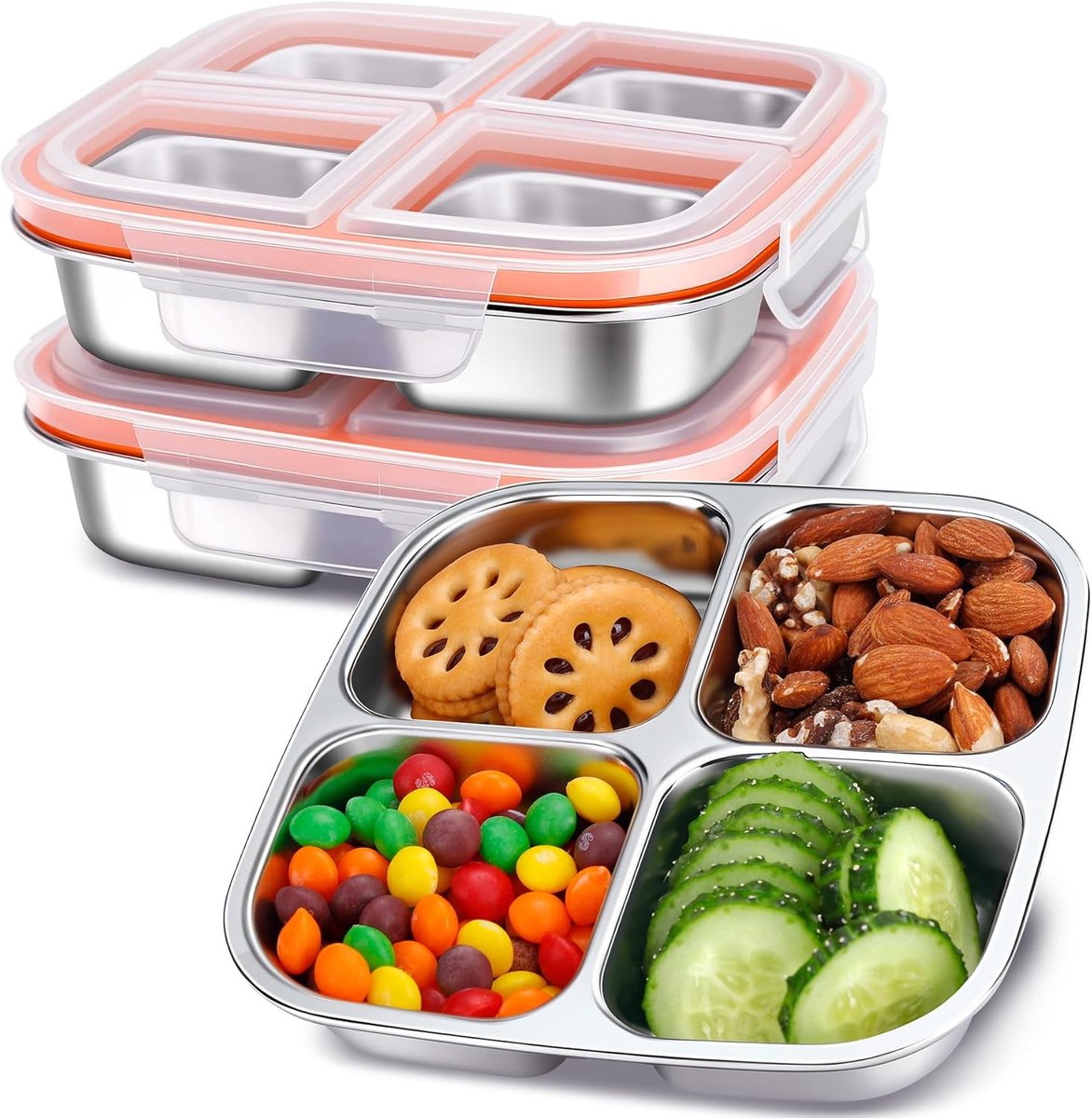 VHV - Lunchbox - RVS bento box met 4 vakken - 600ML - Snackdoos voor kinderen en volwassenen - Voor school, kinderopvang, werk, meal prep en reizen - 2pcs - Versie met wit deksel