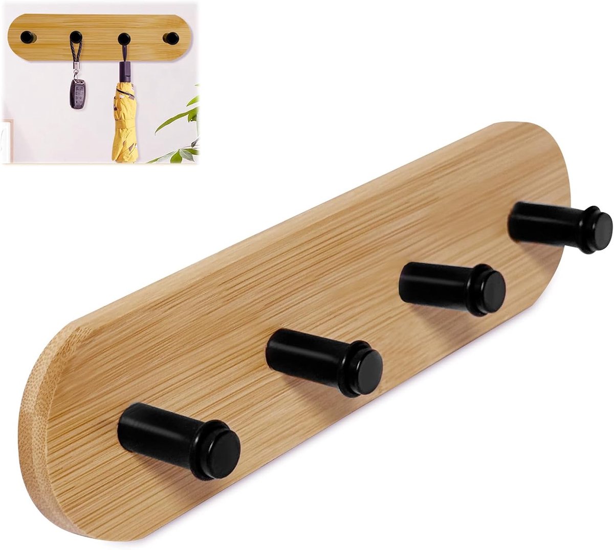 SnelShoppen - Wandhaakjes Zelfklevend Houten Haakstrip Natuurlijke Bamboe 4 Haakjes voor Deur, Entree, Keuken, Slaapkamer, Handdoeken, Tassen
