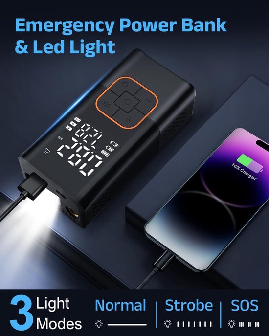 Draagbare Luchtcompressor - Elektrische Luchtpomp 150 PSI - Digitaal LCD Display - Oplaadbare Mini Compressor - LED Verlichting - Voor Auto, Motor, Fiets & Ballen — afbeelding 2