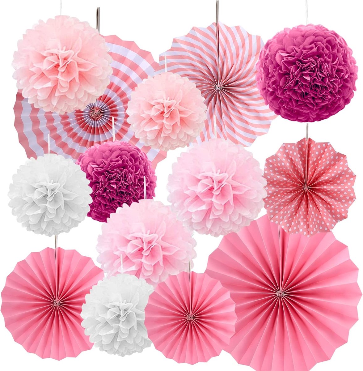 Roze Papieren Feestdecoraties - 14 Stuks Pompons en Waaierpoms voor Bruiloften en Feestjes