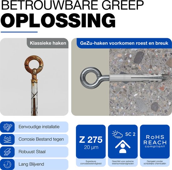 Vergelijking van roestige schroefhaak met nieuwe, gegalvaniseerde GeZu-haak. Eenvoudige installatie, corrosiebestendig.